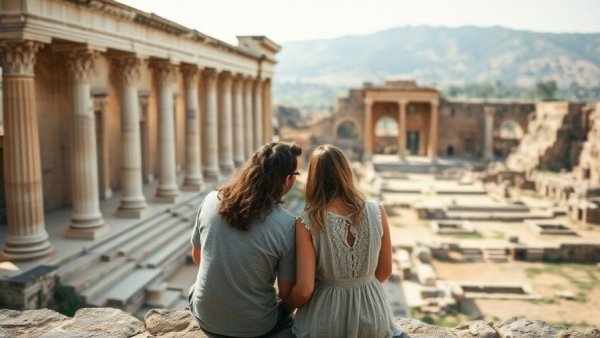 Couple at ancient ruins, symbolic of travel exploration, Rome vs Venice travel comparison.