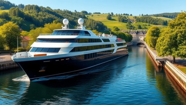 Luxury cruise ship navigating a picturesque canal with lush greenery.
