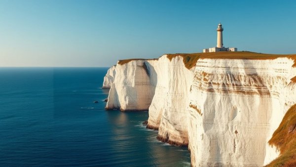 Dover Calais Ferry Travel: White Cliffs of Dover with lighthouse in sunlight.