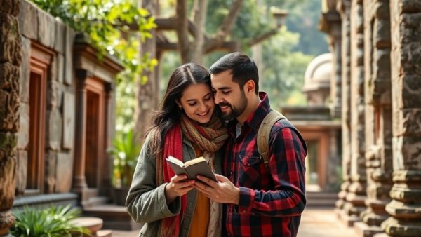 Couple listening to travel podcast at an ancient temple.