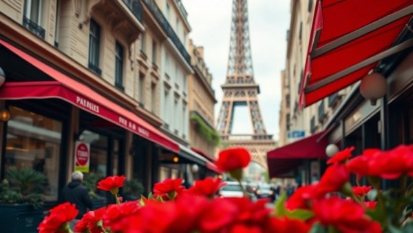 View of Paris luxury hotel with red awnings and Eiffel Tower