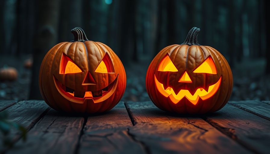 Two eerie jack-o'-lanterns on wood, perfect for Hauntingly Awesome Halloween Destinations.