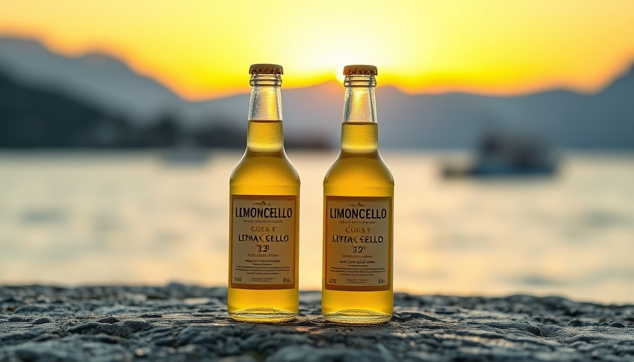 Italian liqueurs, two Limoncello bottles by a lake.