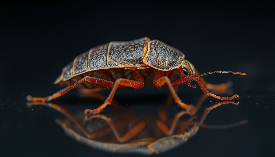 Detailed close-up of bed bug on dark reflective surface.