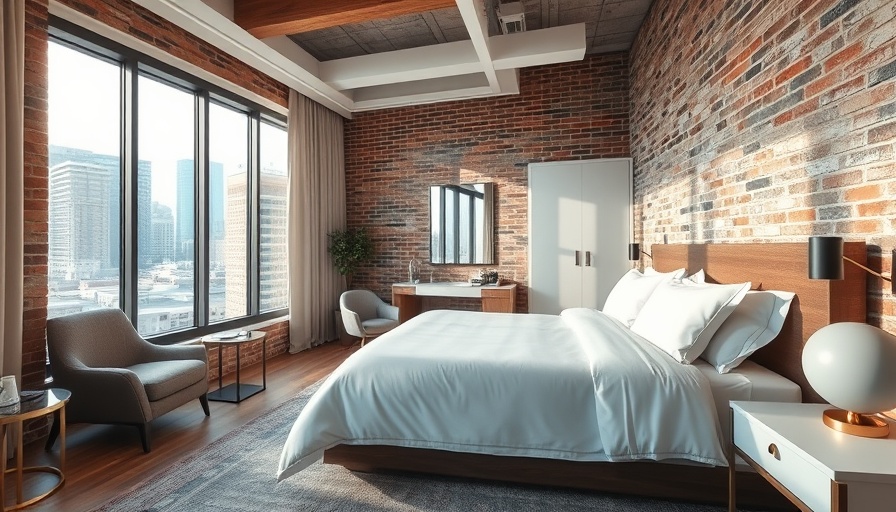 Modern luxury hotel room with brick walls and city view.