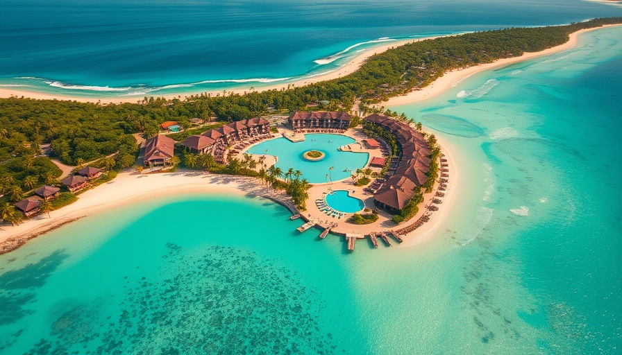 Aerial view of luxury honeymoon destination resort by the beach.