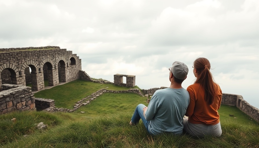 Hot weather travel tips podcast cover with couple at ancient ruins.