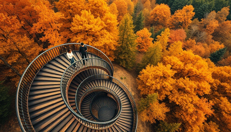 Spiral tree top walk in vibrant autumn forest, world's best canopy experience.