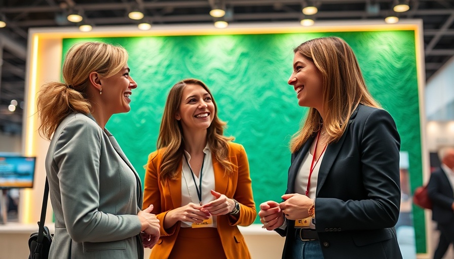 Professional women chatting at Independent Hotel Show 2025 booth.