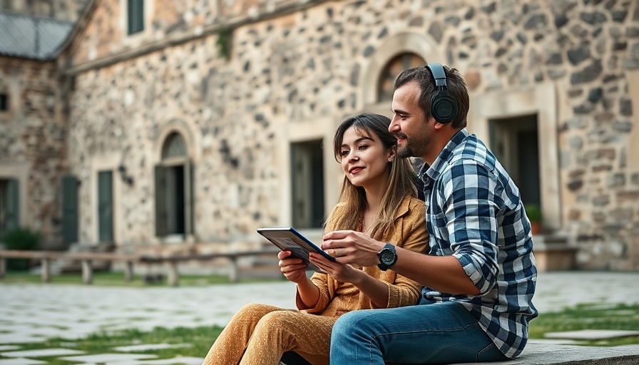Couples trip planning podcast cover with historic architecture.