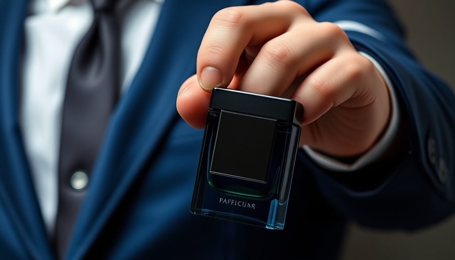 Man holding luxurious perfume bottle in blue suit.