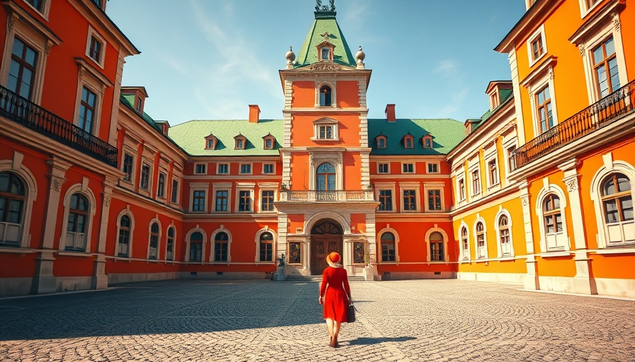 Beautiful European palaces and castles with vibrant architecture and person in red dress.