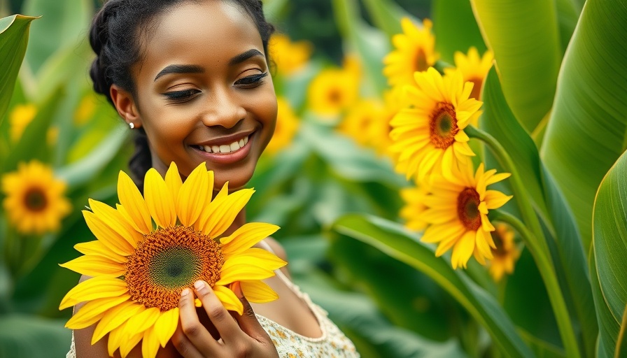 Smiling woman in garden holding a sunflower, ways to make someone smile today.