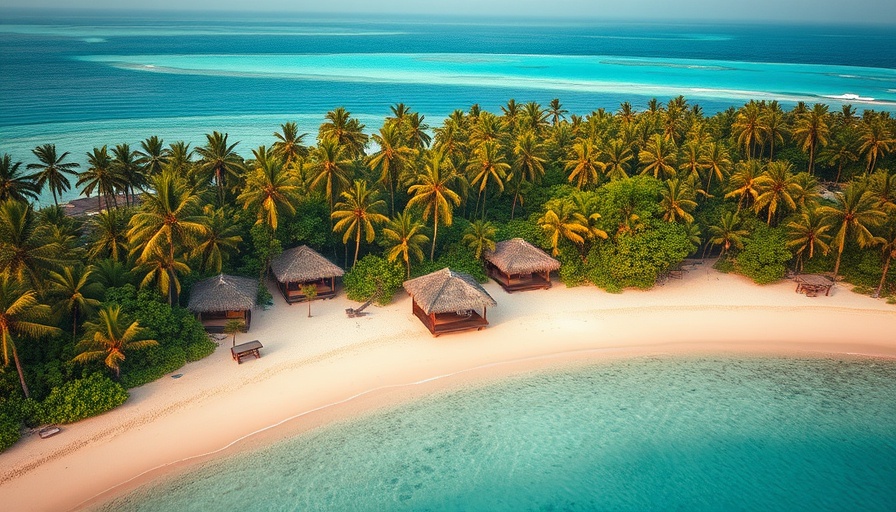 Aerial view of luxury eco-resort with thatched-roof huts on beach.