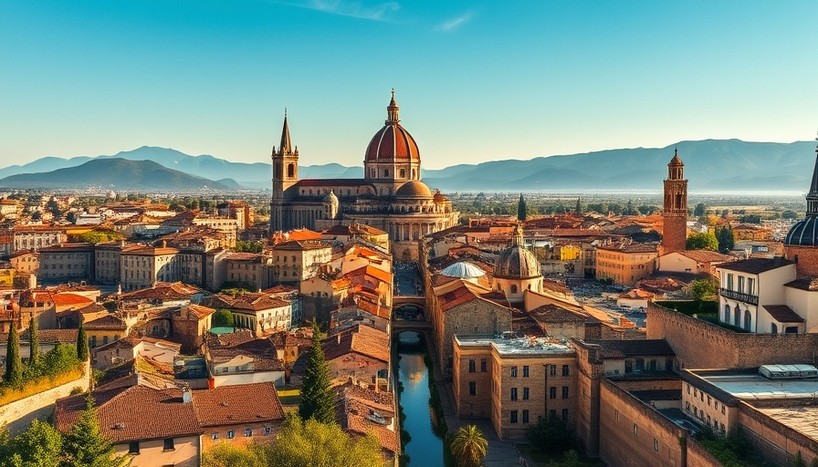 Scenic view of historic European city with cathedral and mountains.