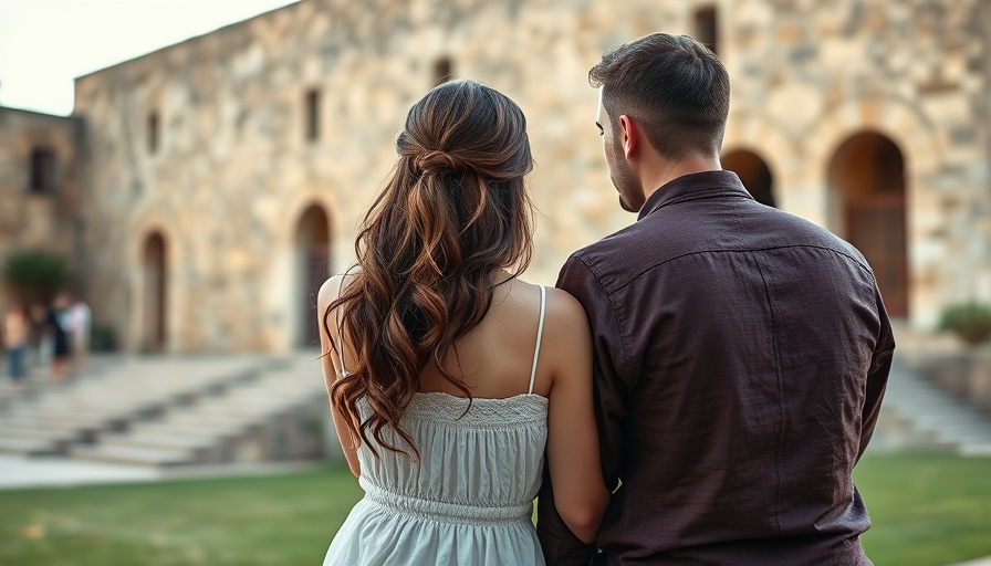 Couple enjoying honeymoon in tranquil ancient setting.