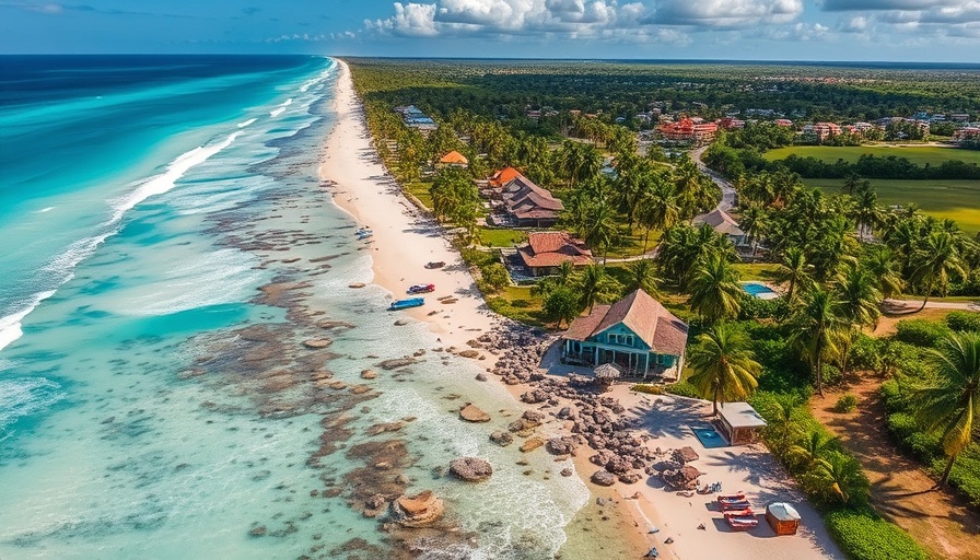 Aerial view of affordable hotels in Tulum along the turquoise coastline.