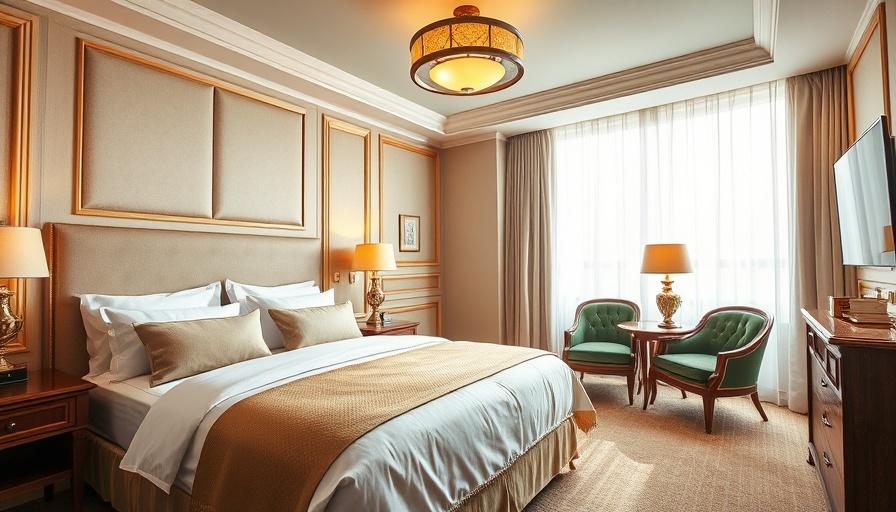 Luxury urban hotel room with elegant decor and natural lighting.