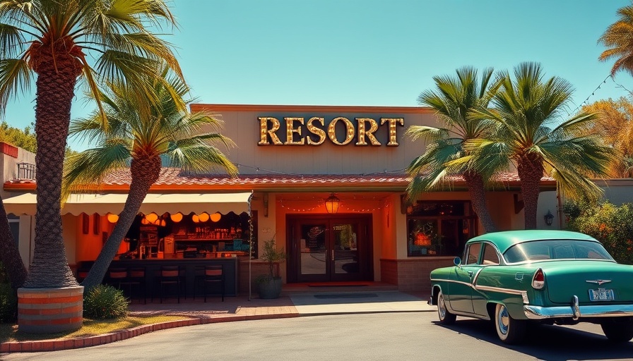 Charming resort entrance at Dr. Wilkinson's Backyard Resort with classic car.
