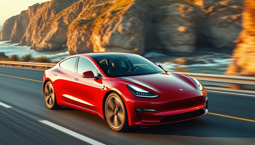 Sleek red electric luxury vehicle on coastal road at sunset.
