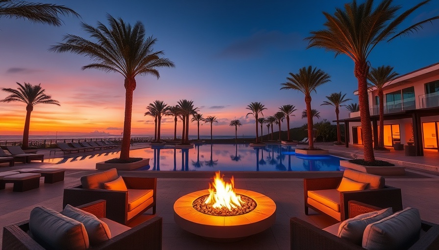 Luxury Travel Experiences: Elegant resort lounge with pool and fire pit.