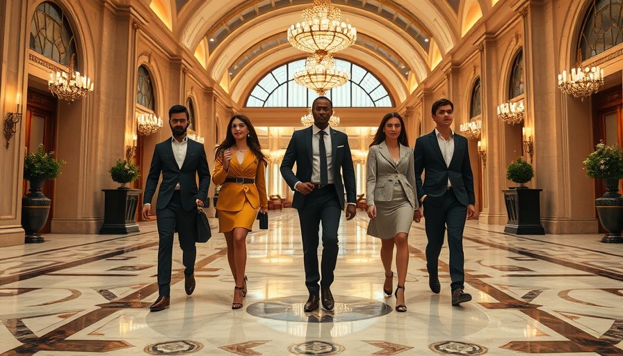 Elegantly dressed group walking in restored luxury hotel lobby