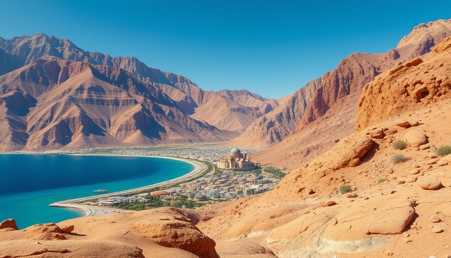 Desert mountains and cityscape near the sea.