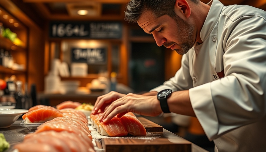 Sushi chef in Tokyo preparing sashimi at a traditional sushi bar.