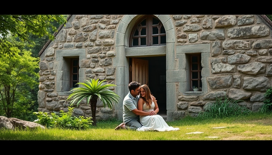 Couple embracing near an ancient structure with a travel podcast overlay.