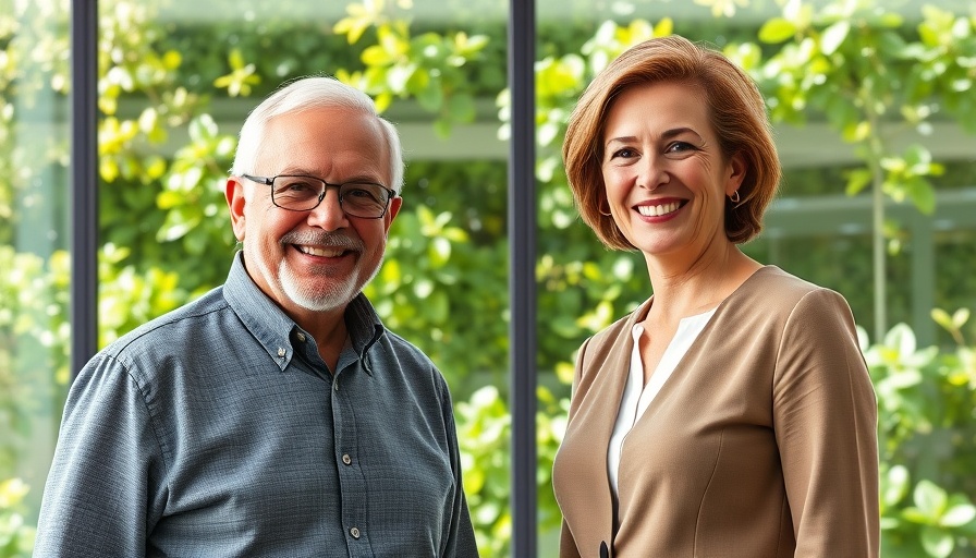 Smiling man and woman in modern office near large window