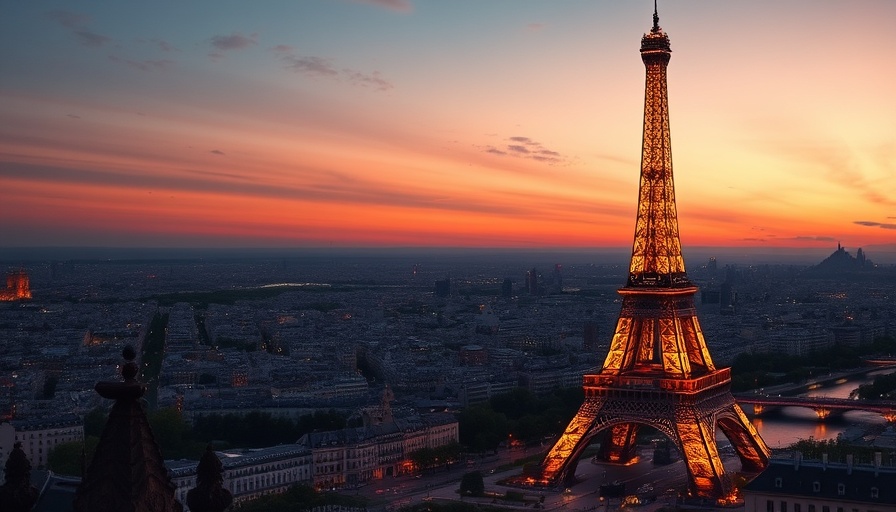 Twilight view of the Eiffel Tower illuminating the Paris skyline, perfect scene for luxury hotels in Paris.