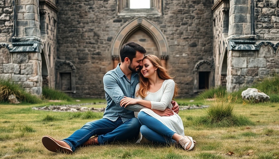 Romantic travel podcast cover with couple in scenic setting.
