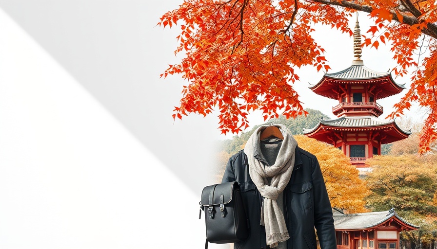 Autumn travel essentials and scenery collage: outfit and pagoda.
