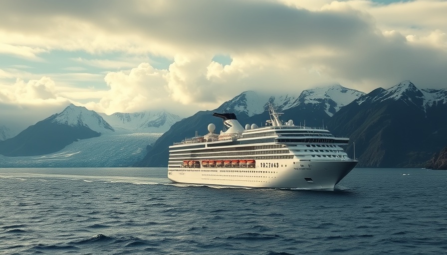 Luxury Expedition Cruise Lines ship navigating icy waters with mountains.
