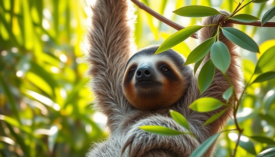 Content sloth relaxing in a lush, sunlit forest.