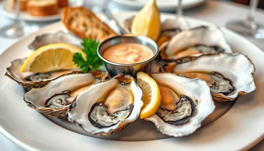 Platter of fresh oysters with lemon wedges and sauce.