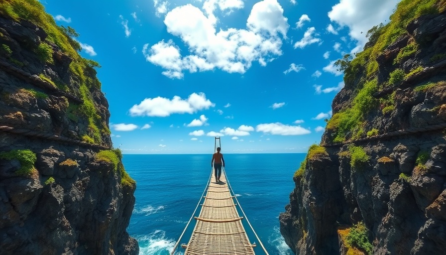 Northern Ireland road trip: Person crossing scenic rope bridge over cliffs.