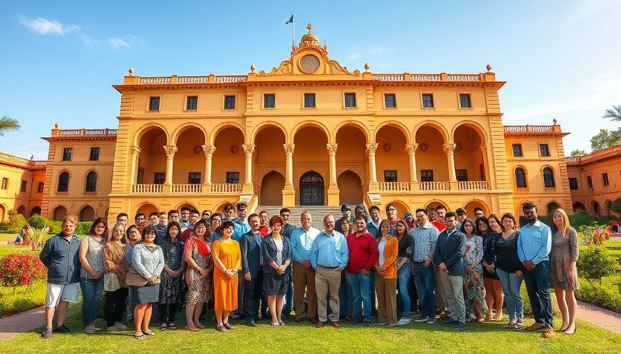 Group gathering in front of historic building, recognizing food as culture event.