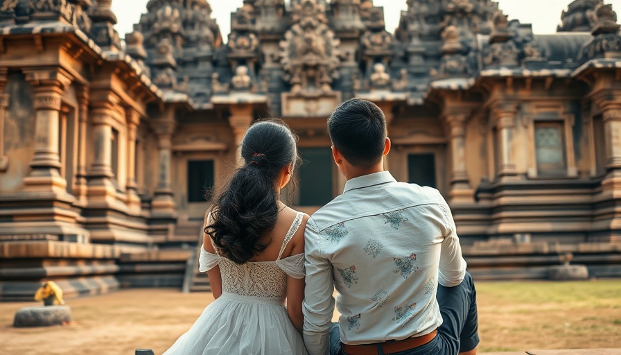 A couple enjoying a day trip to an ancient temple in a travel podcast cover.