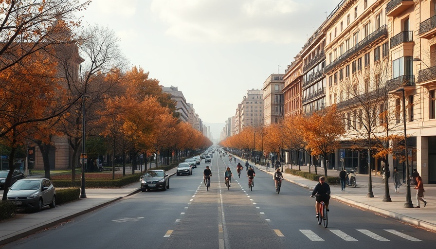 Barcelona boulevard in autumn with cyclists, trees, and warm light.