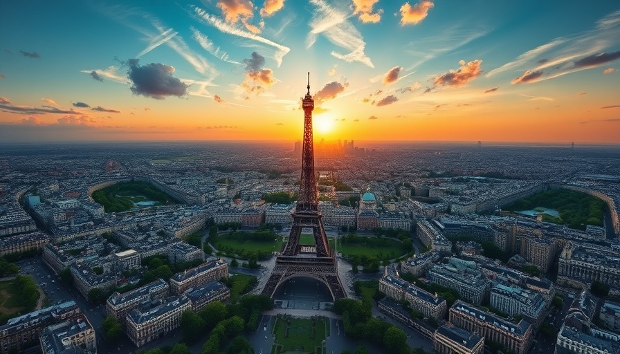 Aerial view of Paris with Eiffel Tower and cityscape at golden hour.