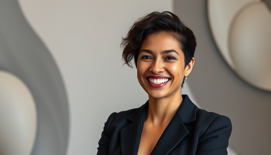 Cheerful woman in business attire against a geometric backdrop