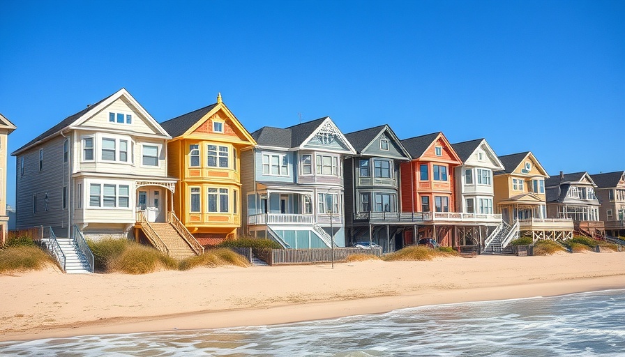 Colorful Victorian houses on Cape May beach during sunny day.