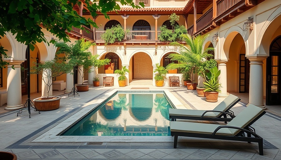 Serene courtyard at affordable hotel in Dubai with pool and greenery.