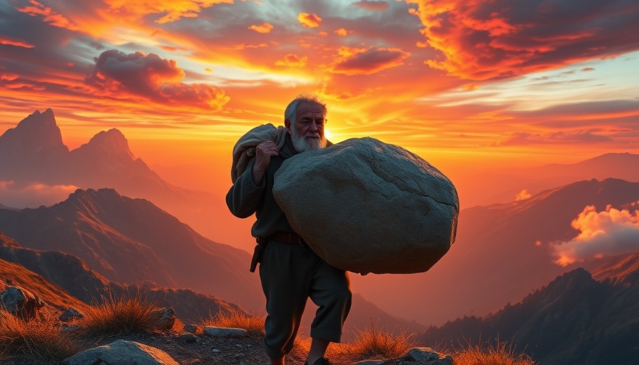 Overcoming Regret and Embracing Growth: Man carrying stone uphill at sunrise.
