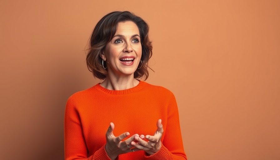 Confident woman in orange sweater, speaking about Human Design.
