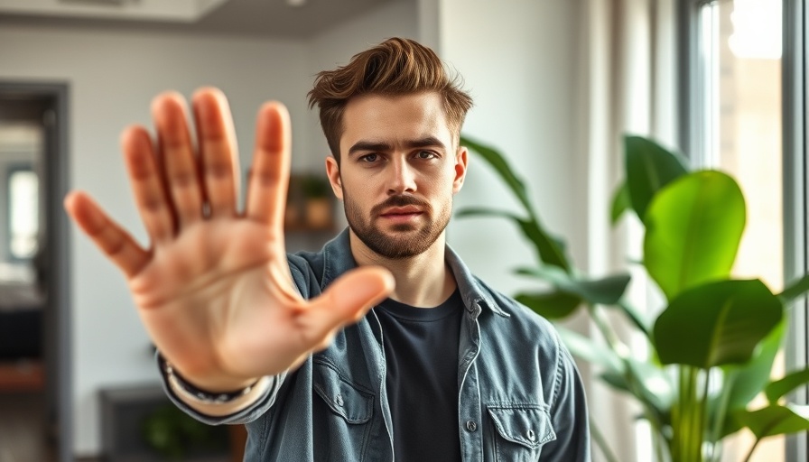 Trust the Universe - man gesturing stop indoors.