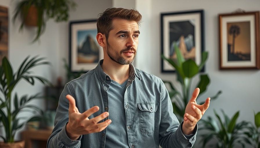 Man explaining indoors in casual attire, soft lighting, cozy setting.