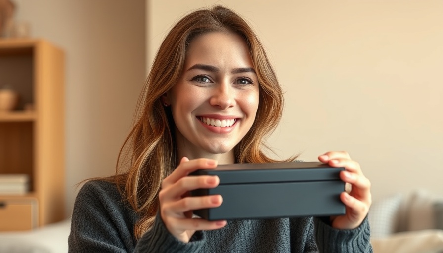 Smiling woman discussing Human Design indoors, holding a box.