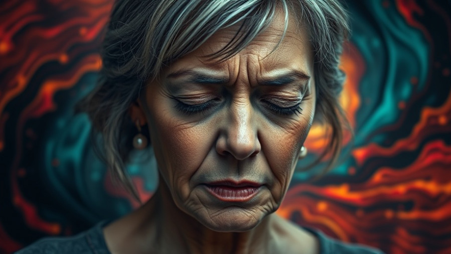 Woman experiencing anticipatory grief in midlife, colorful abstract background.